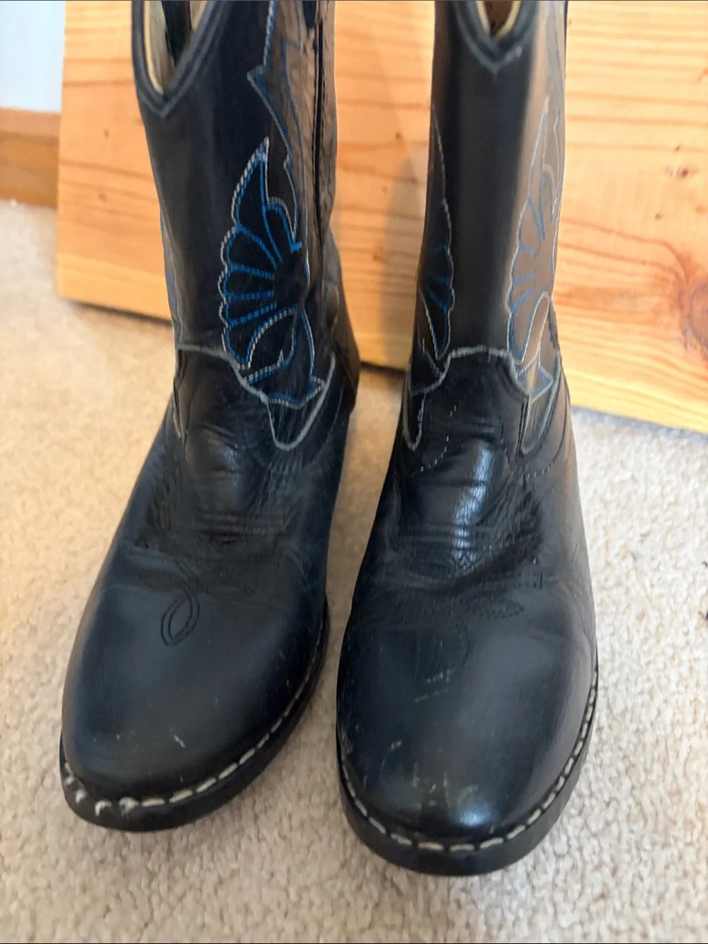 Kids Black Western Cowboy Boots with Blue Stitching - Youth Pull-On Style